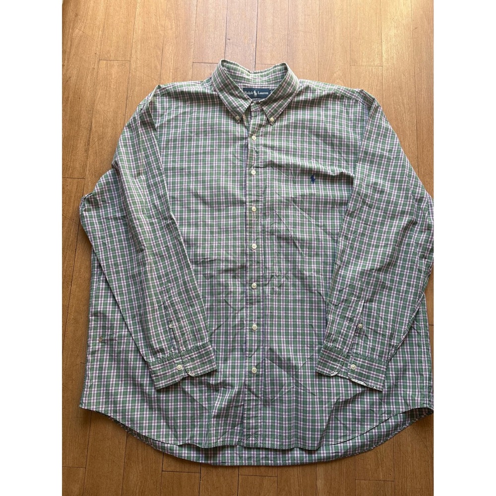 Ralph Lauren Classic Fit Plaid Shirt Mens 2XB Big Green Pink Long Sleeve Pony